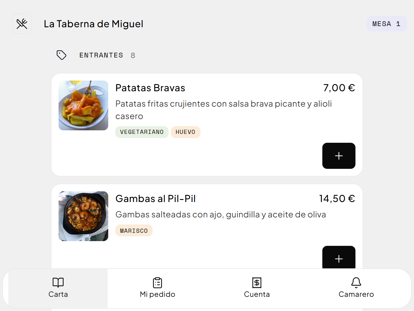 Carta del comensal con los entrantes, su descripción, el precio y las etiquetas de alérgenos