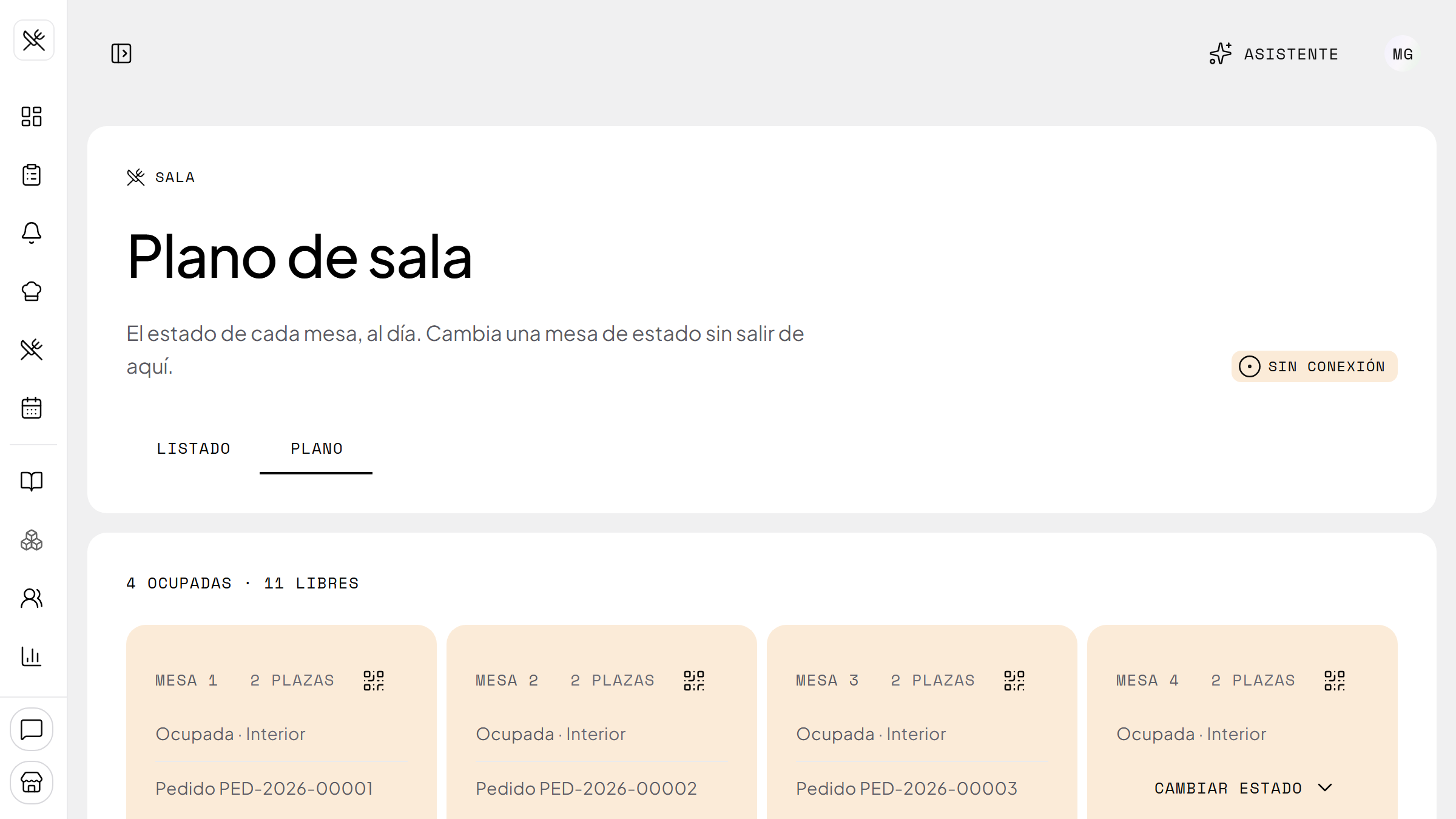 Plano de la sala con las mesas coloreadas según su estado
